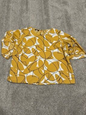 Alfani Mustard Geometric Puff-Sleeve Blouse